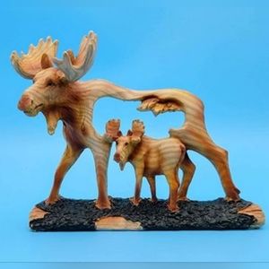 Rustic Moose and Calf Figurine ~ Faux Wood Carving ~ Cabin Lodge Decor With Box